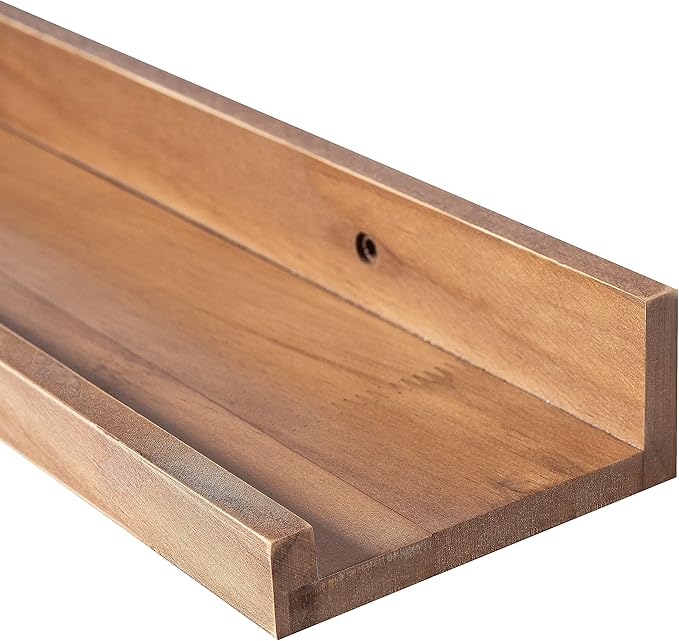 MBYD Floating Wall Shelves Wood Photo Picture Ledge Shelf, 24 Inch Light Walnut Nursery Kids Bookshelf 3 Same Sizes, Kitchen Spice Rack Bathroom Storage Shelves, Wall Mounted Shelves for Bedroom
