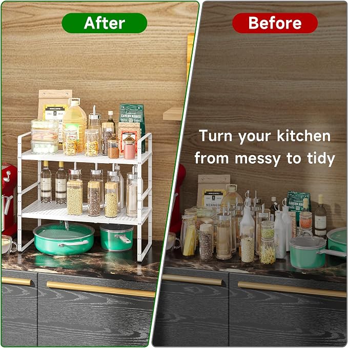 Expandable Kitchen Cabinet Shelf Organizer Rack Heavy Duty Metal Spice Rack Stackable Kitchen Counter Storage Shelf for Cabinet Pantry Bathroom (White- 16.5"-27" L x 8" W x 9.6" H - 1Pack)