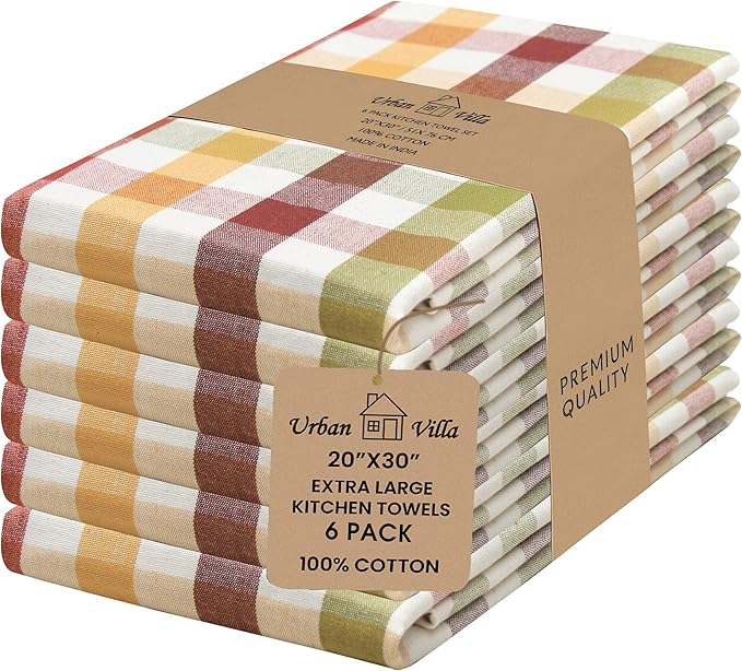 Urban Villa Kitchen Towels 100% Cotton Dish Towels for Kitchen (Set of 6) 20”x30” Dish Cloths Highly Absorbent Kitchen Linen Set with Hanging Loop Perfect for Drying Dishes Cleaning – Harvest Checks