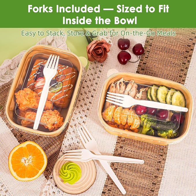 50 Pack 35oz Meal Prep Containers with Lids and Forks for Lunch Takeout | Disposable, Compostable Kraft Paper Bowls To Go, Microwave & Freezer Safe Food Containers for Hot Soup, Cold Dessert