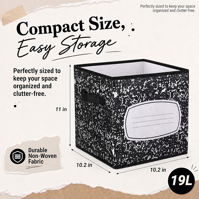 Yookeer 12 Pcs 11 Inch Composition Notebook Fabric Storage Cube Bin with Handle Zebra Print Foldable Classroom Container Cubby Basket for Back to School Decoration Office Home Nursery Organizer