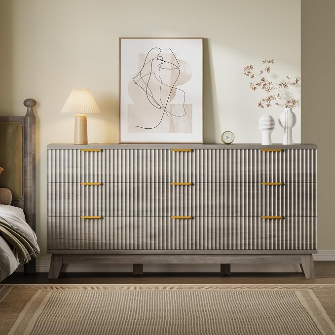 BORNOON Fluted 9 Drawer Dresser, 57.1" Wide Modern Boho Chest of Drawers, Wooden Storage Dresser TV Stand for Bedroom, Living Room, Closet, Hallway, Curved Profile Design