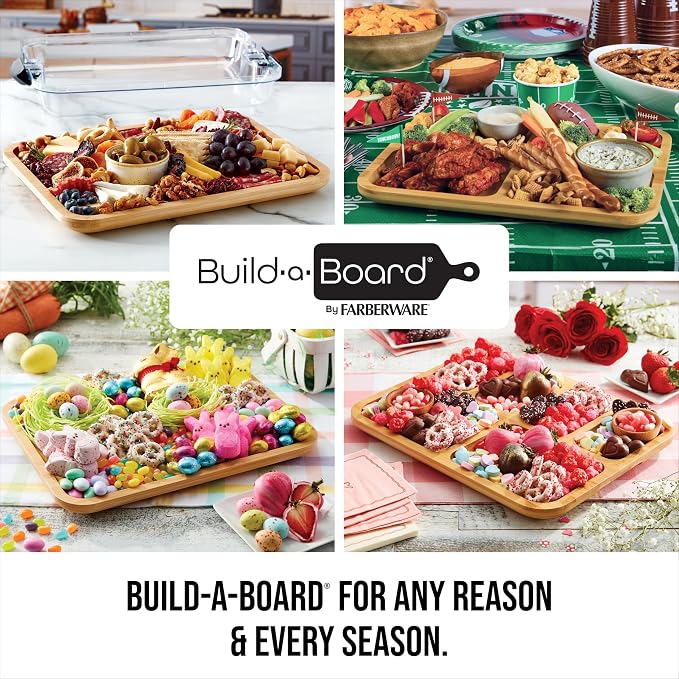 Farberware Bamboo Cutting Board with Clear Locking Lid, 11 x 14 Inch Build-A-Board Charcuterie Board with 6 Compartments for Food Prep, Snack Tray, and Entertaining