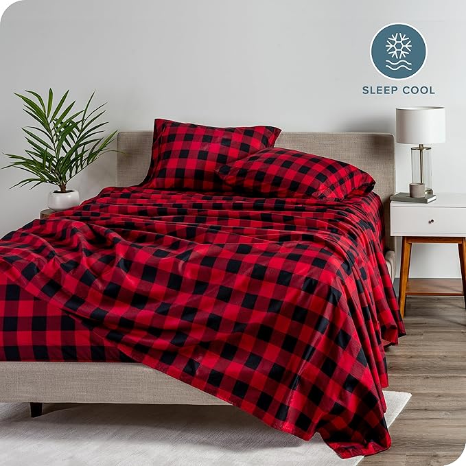 Bare Home Queen Sheet Set - Luxury 1800 Ultra-Soft Microfiber Queen Bed Sheets - Double Brushed - Deep Pockets - 4 Piece Set - Bedding Sheets & Pillowcases (Queen, Buffalo Plaid - Red/Black)
