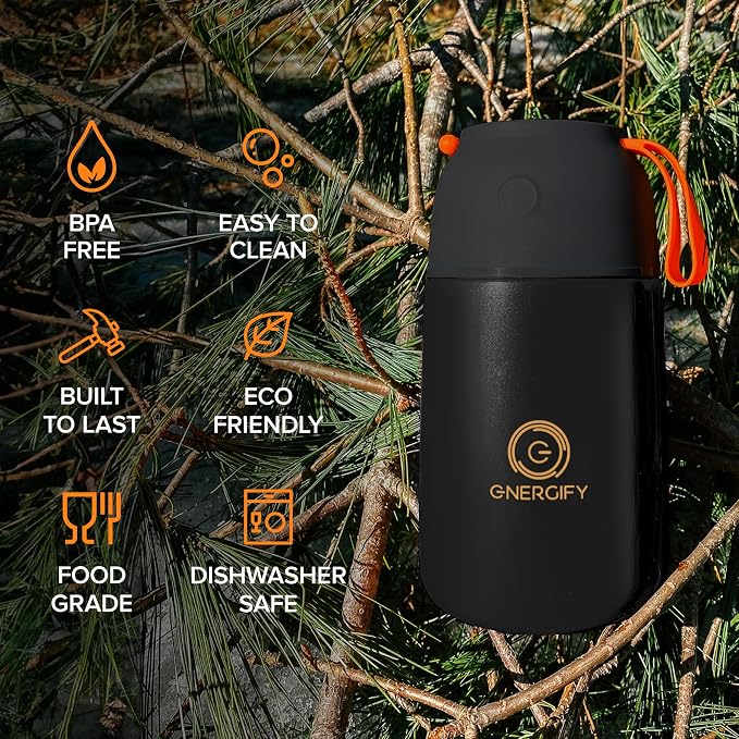 Vacuum Insulated Food Jar. Large 24oz Bowl incl. Folding Spoon, Cup. Wide Mouth Keep Hot & Cold Drinks Soup Lunch Container for Adults. BPA-Free Stainless Steel, Leak Proof Black Matte