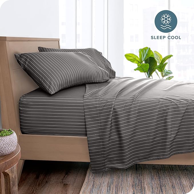Bare Home Split King Sheet Set - 1800 Ultra-Soft Microfiber Bed Sheets - Double Brushed - Deep Pockets - Easy Fit - 5 Piece Set - Bed Sheets (Split King, Pinstripe - Grey/White)