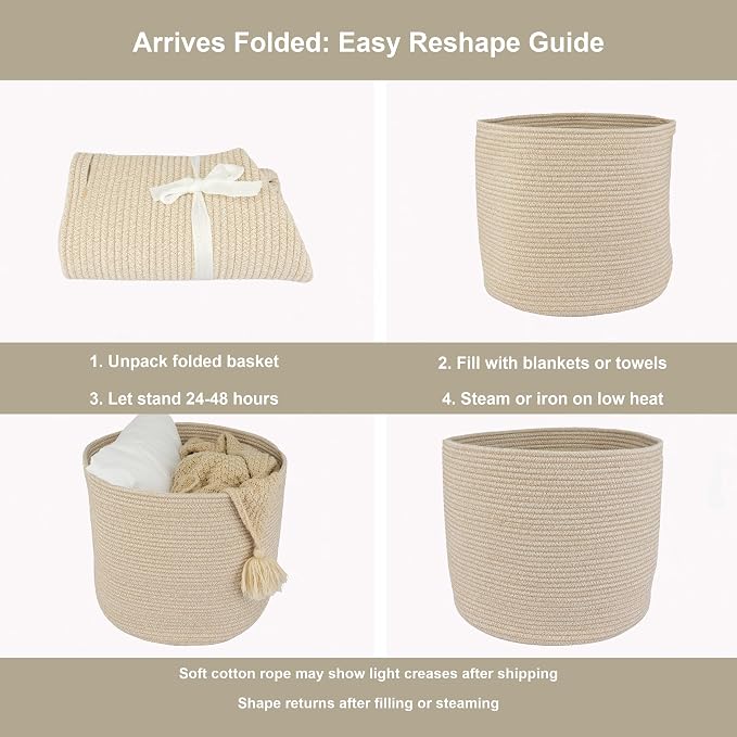 XUANGUO Cotton Rope Woven Basket, 16x14 in Kids Laundry Basket, oatmeal | Round blanket basket and small laundry basket; baby hamper or nursery storage bin for girls, boys, toys, clothes and shoes