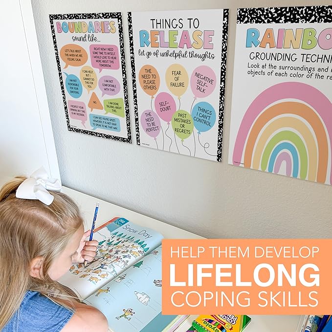 Hadley Designs 9 Mental Health Posters for Classroom - School Counselor Office Must Haves, Mental Health Therapy Office Decor, Growth Mindset Posters, Wheel of Feelings Chart, Pastel Classroom Decor