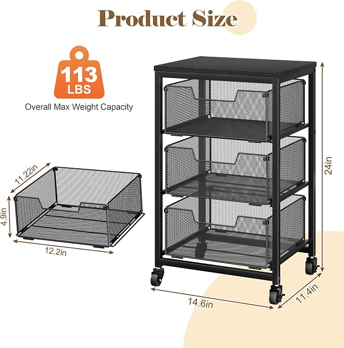Under Desk Storage Cart with Lockable Wheels, 3-Drawer Rolling Storage Cart, Metal Utility Cart with Drawers for Art Cart, Craft Cart, Classroom, Office, Kitchen, Bedroom