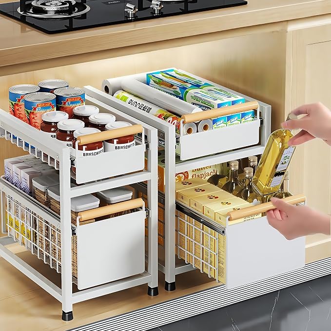 Pull Out Cabinet Organizer, Pull Out Basket Drawers for Cabinets, Slide Out Basket Drawers for Kitchen Cabinets, Under Sink Organizer for Kitchen, Bathroom (Grey Large Single-tier)