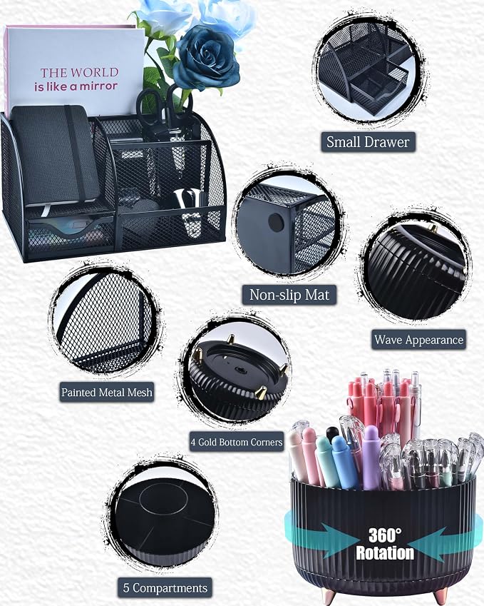 LXEVIHK 20Pcs Black Desk Organizers and Accessories With Mesh Desk Organizer and 360°Rotating Pen Holder and a Lot of Office Black Office Supplies Beautifully Presented in a Gift Box