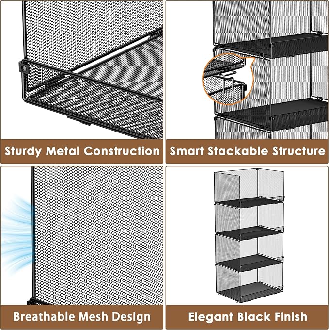 Tiaoheka 4-Tier Stackable Closet Organizers and Storage, Metal Wire Storage Shelves for Closet,Mesh Closet Shelves and Storage Bins for Clothes, Sweaters and Handbags
