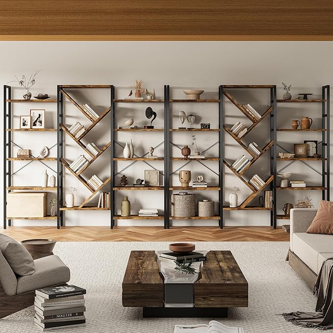 INNOD 70x70 Triple 5 Tier Book Shelf, Large Wooden Bookcase with 17 Open Display Shelf, Modern Tree Bookshelf Metal Frame Tall Book Case Furniture for Living Room Bedroom Home Office Rustic Brown