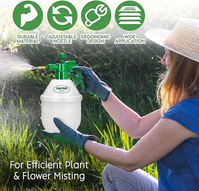 RamPro Garden Sprayer, 0.4 Gallon Pump Sprayer, 1.5L Weed Sprayer, 50 Oz Water Sprayer Pump Spray Bottle for Lawn Sprayer, Plant Mister, Safety Valve & Adjustable Brass Nozzle Pressure Hand Sprayer