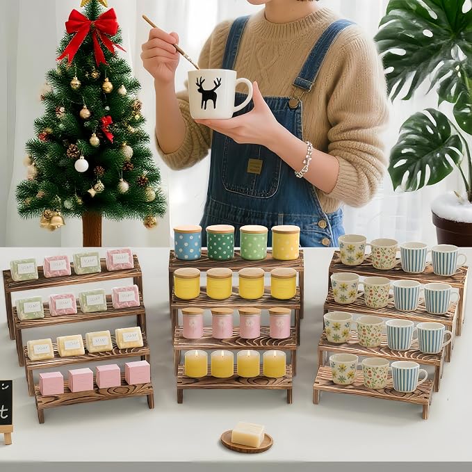 2 Set wood tone Wooden Tiered Display Stands 4 Tier Stackable Pine Wood Display Risers, Suitable for Vendor Events, Cupcake Stands, cake stand Wooden Dessert Table Sets, Vendor Booth Displays,Cosmetic & pantry organizers and storage can organizer, Kitc...