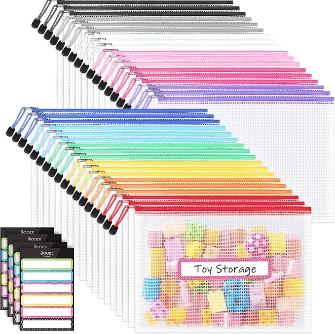 Sooez 36 Pack Mesh Zipper Pouch with Sticky Labels, A4 Mesh Bags, Sturdy Letter Size File Folders Organizer, Office School Classroom Teacher Supplies, Toy Storage Bag Board Game Puzzles Organization