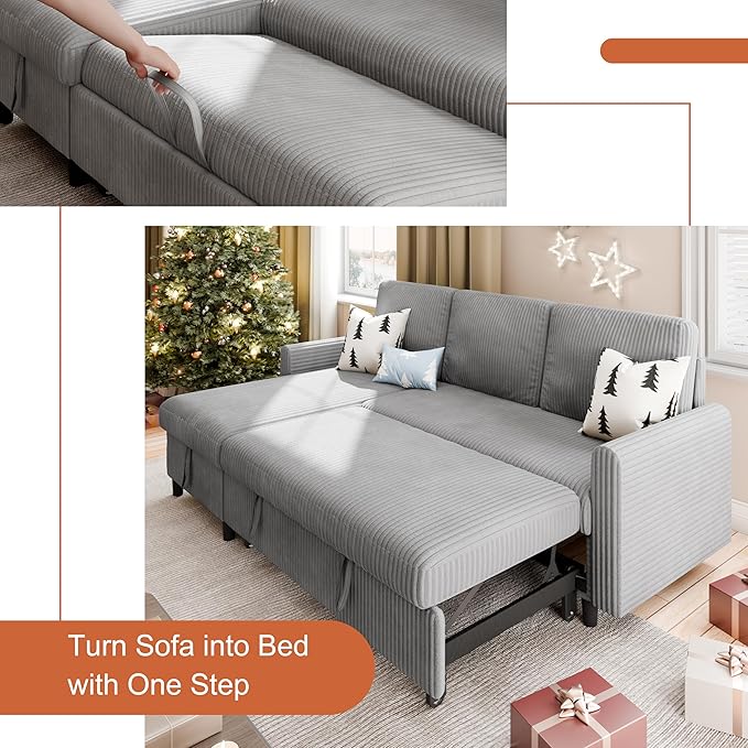Vongrasig Pull Out Couch, 2 in 1 Small Sofa Bed Sleeper Sofa with Storage, 77" L Shaped Convertible Sofa with Storage Chaise for Living Room, Apartment, Light Grey