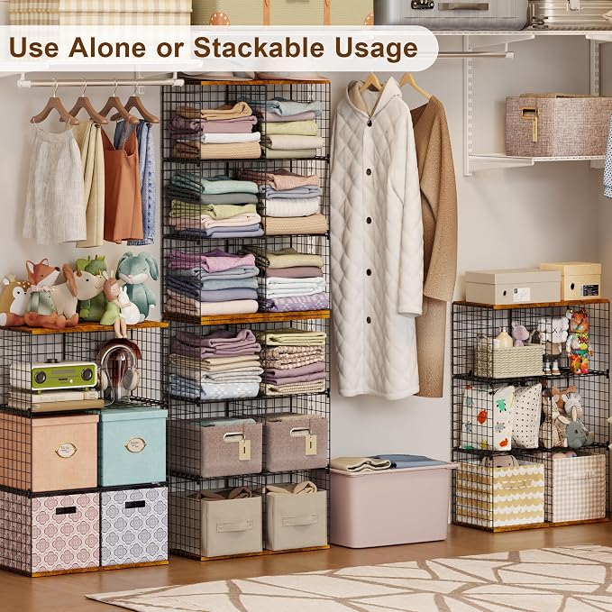 Free-standing Sturdy Tall 6-Cube Closet Organizer Storage Wire Basket Shelf with Wood Top for Wardrobe Bedroom Closet, Stackable Space-saving Clothing Shelves for Clothes, Sweaters, Pants, Handbags