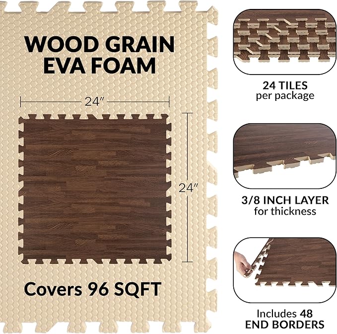 Foam Floor Tiles - 96sqft Wood Grain Interlocking Foam Tiles with Border - Foam Play Mat Playroom or Gym Flooring for Home Gym by Stalwart (Dark)