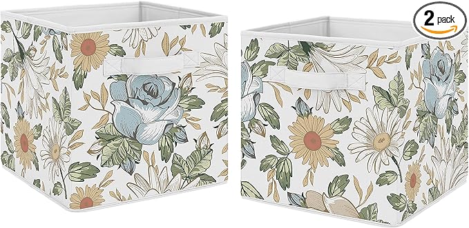 Sweet Jojo Designs Vintage Floral Blue Yellow Foldable Fabric Storage Cube Bins Boxes Organizer Toys - Set of 2 - Slate Green Gold Orange Taupe Beige Shabby Chic Rose Flower Boho Bohemian Farmhouse