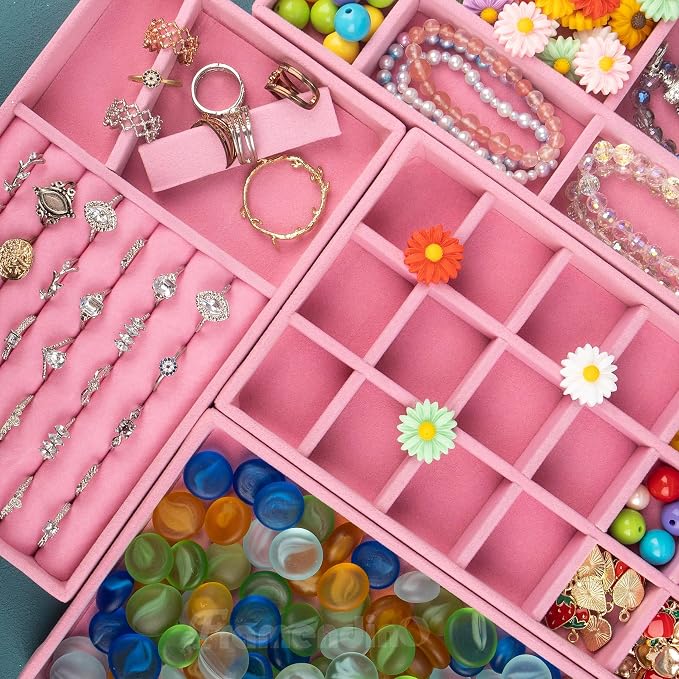Framendino, 4 Pack Velvet Jewelry Organizer for Drawers Inserts Pink Stackable Earrings Bracelets Necklace Trays