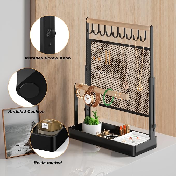 Jewelry Organizer Stand with Velvet Ring Holder, Liftable Necklace Holder with Earring Organizer Net, 9 Hooks Necklaces Storage Wooden Handing Bar for Bracelets Watches Rings (Black)