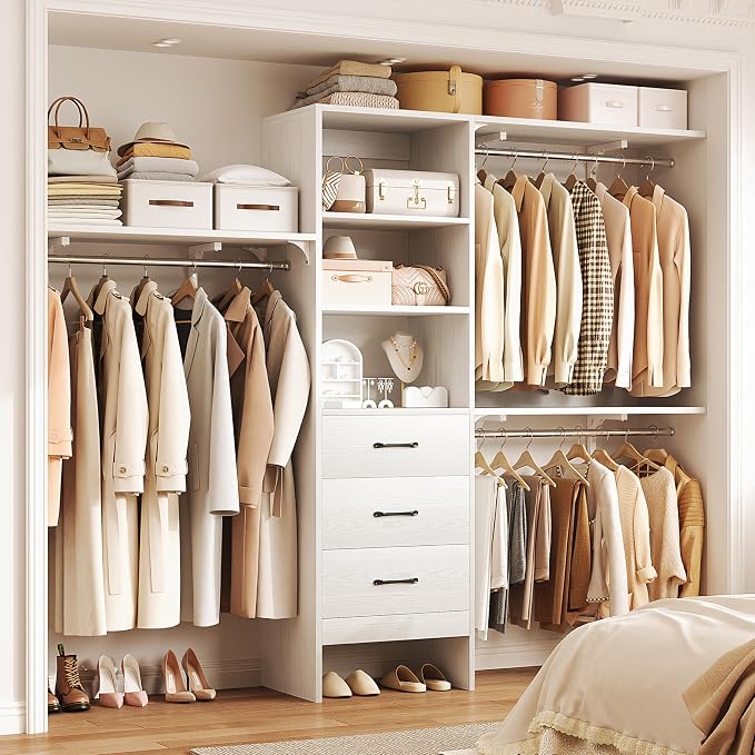 8FT Closet System, 96'' Closet Organizer System with 3 Hanging Rods, Wall Mount Bedroom Wardrobe with 3 Drawers Walk-in Closet, Adjustable Cloth Garment Rack from 5 to 8FT (Cut to Fit), Oak&White