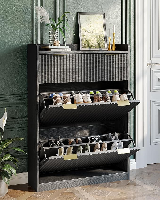 TIQLAB Modern Fluted Shoe Cabinet with Drawer and Flip Storage, Narrow Wooden Shoe Organizer for Entryway, Living Room, Bedroom, 31 inch, Black