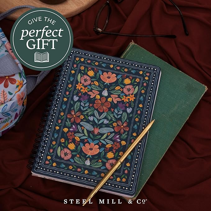 Steel Mill & Co Cute Mini Spiral Notebook, 8.25" x 6.25" Journal with Durable Hardcover and 160 Lined Pages (Folk Floral Multi)