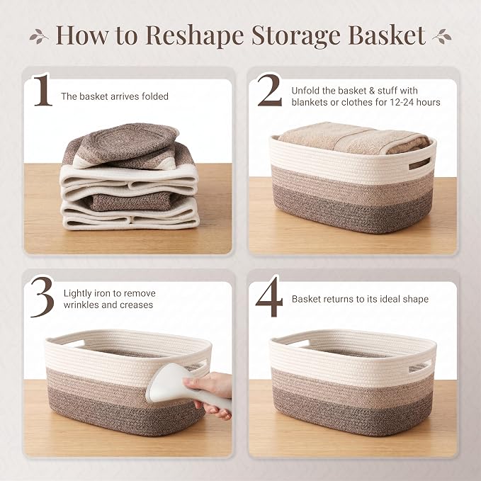 4-Pack Large Woven Rope Storage Baskets, 2 Sizes Organizer Bins | Fabric Cube Boxes and Rectangular Shallow Bins for Closet, Shelf, Bookshelf, Nursery, Changing Table, Bathroom, Toys & Home