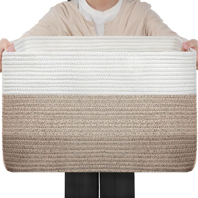 Optish 75L Large Blanket Basket, Woven Storage Baskets with Reinforced Handles, Rope Laundry Basket for Living Room, Bedroom, Nursery, Toys, Clothes, Pillows, 22” x 17” x 11.5”, White & Brown