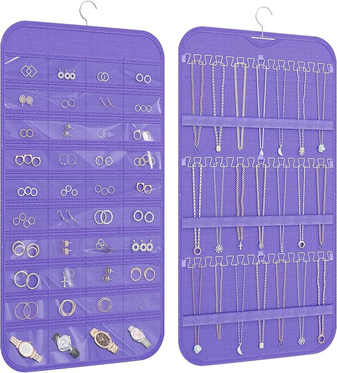 Double-Sided Hanging Jewelry Organizer for Necklaces Earrings 1-Pack Purple | Foldable 36 hooks & 40 clear pockets; swivel hook fits walls, doors & rods for earrings, bracelets, rings & small jewelry