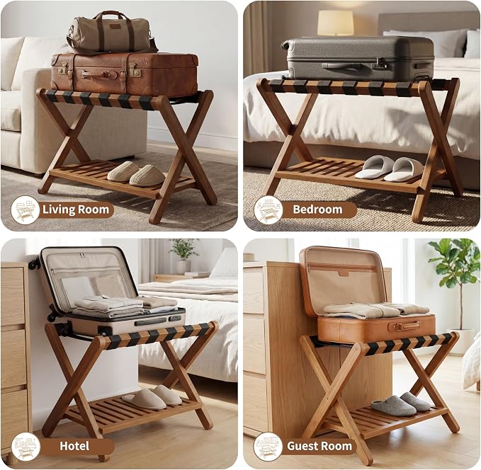 Heybly Luggage Rack for Guest Room,Bamboo Folding Luggage Stand & Suitcase Holder,Suitcase Stand, 5 heavy-duty straps,Holds up to 165 Lbs, Heavy Duty Luggage Rack for Bedroom Hotel, Walnut, HLR013WB1
