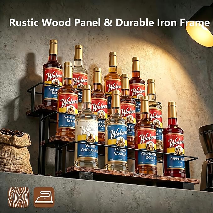 3-Tier Coffee Syrup Rack, Holds 12 Bottles, Rustic Wood & Metal | Stepped display for coffee bar, fits liquor, spice jars & extracts, space-saving countertop.