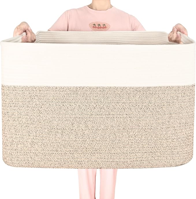 MINTWOOD Design 112L Extra Large Blanket Basket Holder Living Room, 25"x17"x16" Rectangle Rope Woven Storage Basket with Handles for Laundry, Pool Towels, Shoes, Dog Toy Organizer Bin Box, Light Brown