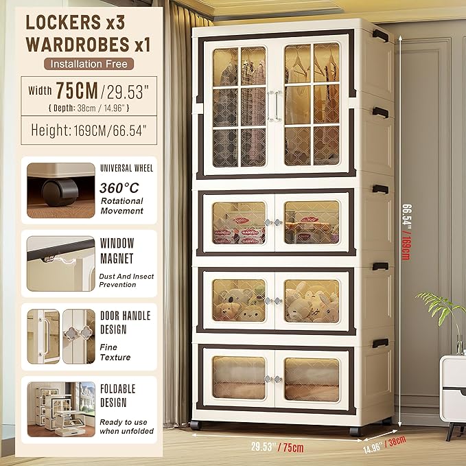 SunSettler Collapsible Storage Bins with Lids, Folding Storage Cabinets with Doors, Stackable Organizers Cabinets, Closet Organizers and Storage for Home, Dorm (3+1 Transparent Plus)