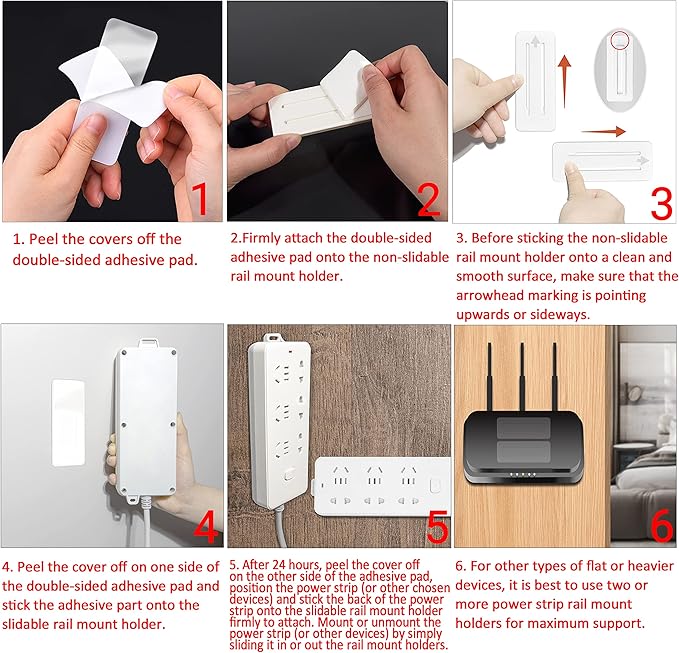 Self Adhesive Power Strip Holder 10 Pack - No Drill Extension Block Wall Mount Fixator - Easy to Install Sliding Design - for Home, Kitchen, Office - Attaches to Wood, Plastic, Metal, Ceramic
