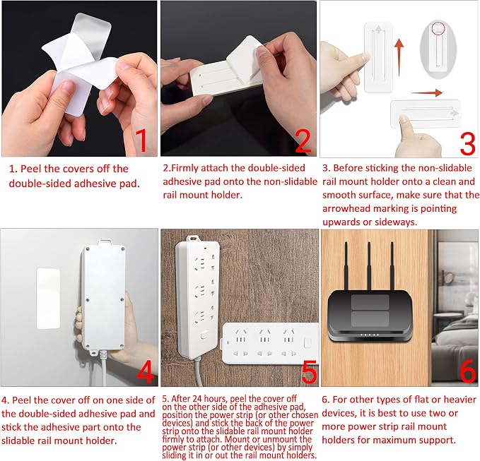 Self Adhesive Power Strip Holder 4 Pack - No Drill Extension Block Wall Mount Fixator - Easy to Install Sliding Design - for Home, Kitchen, Office - Attaches to Wood, Plastic, Metal, Ceramic