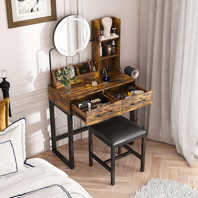 Small Makeup Vanity Desk with Large Mirror and Lights, Vanity Table with 2 Storage Drawer & Open Shelves, 3 Lighting Colors,LED Mirror Adjustable Brightness Brown Makeup Vanity