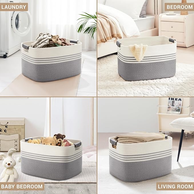 86L Large Woven Laundry Basket Hamper with Leather Handles,Grey | 24"x16"x14", collapsible wicker hamper, storage for dirty clothes, toys, blankets, gifts, living room, bedroom, bathroom