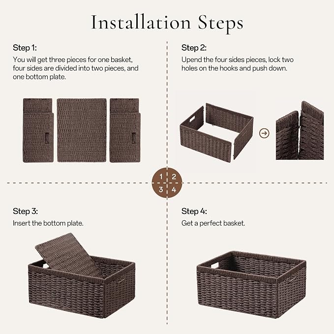 joybest Dark Brown Wicker Baskets for Shelves, 13.4L x 8.3W x 7.1H inch Hand-woven Storage Baskets for Pantry Organizing, Foldable Rectangular Bin with Handles, 2-pack