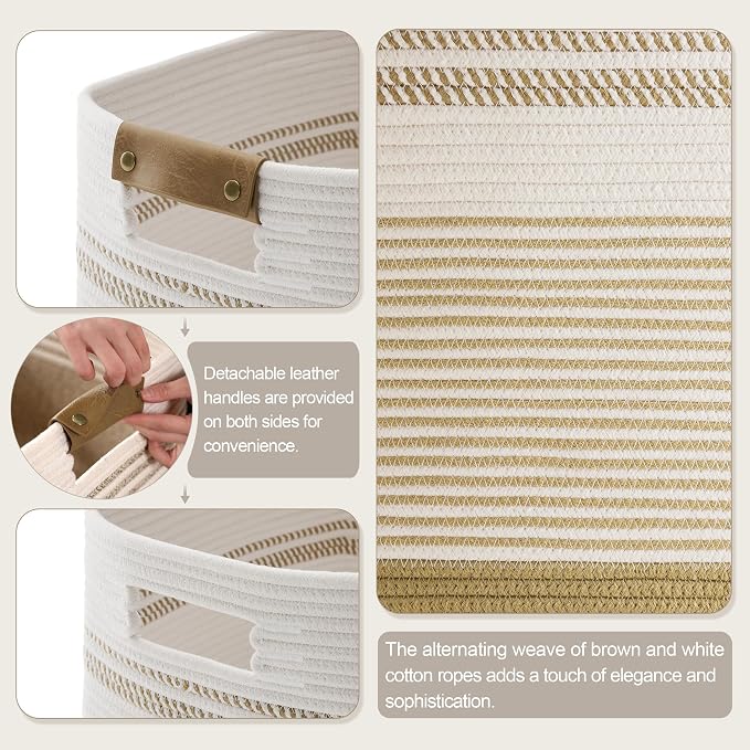 85L Tall Woven Laundry Basket Hamper with Leather Handles,Khaki | 17"x14"x22", collapsible wicker hamper, storage for dirty clothes, toys, blankets, gifts, living room, bedroom, bathroom