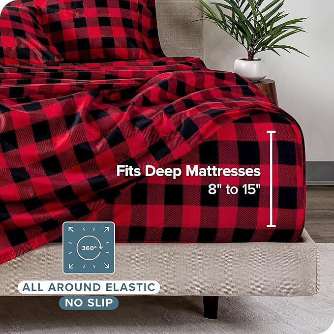 Bare Home King Sheet Set - Luxury 1800 Ultra-Soft Microfiber Double Brushed - Deep Pockets - 4 Piece Set - Bedding Sheets & Pillowcases (King, Buffalo Plaid - Red/Black)