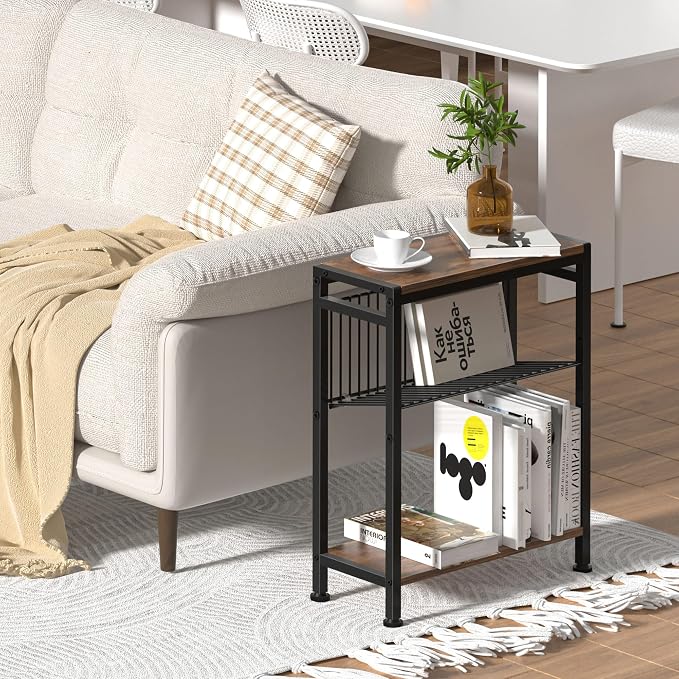 Side Table for Small Spaces, Narrow End Table with Magazine Holder, 2 in 1 Design Slim Side Table, Skinny Nightstand for Living Room Bedroom, Thin Side Magazine Table, Rustic Brown