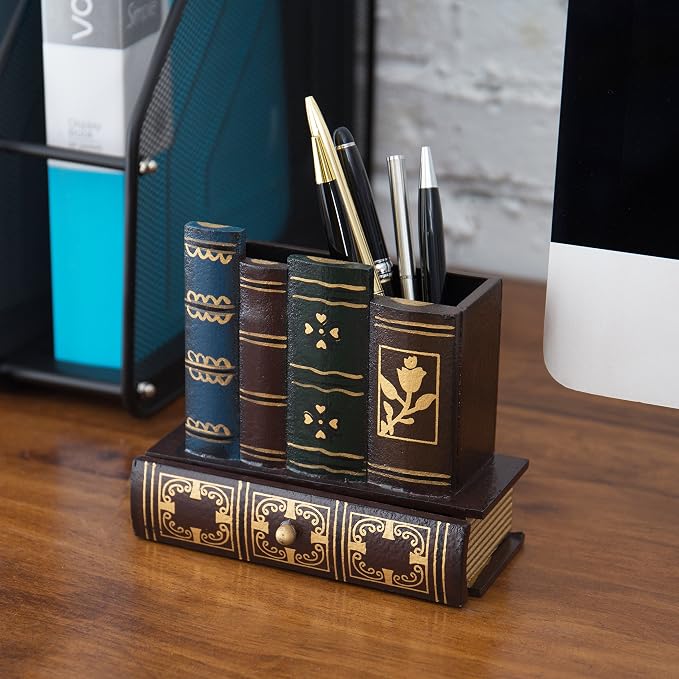 MyGift Decorative Desk Organizer Pen and Pencil Holder with Storage Drawer | Antique Library Book Design stationery storage writing tools caddy drawer compartment classroom workspace accessory supplies