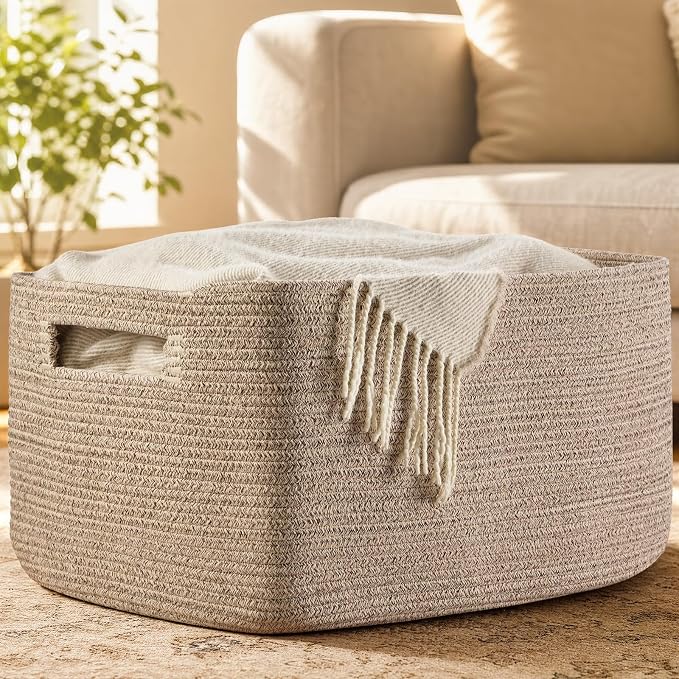 Optish 95L Large Blanket Basket, Woven Rope Storage Basket with Handles for Organizing Clothes and Toys for Bedroom, Bathroom, Nursery, Decorative Storage Bin, 24” x 17” x 13.5”, Brown
