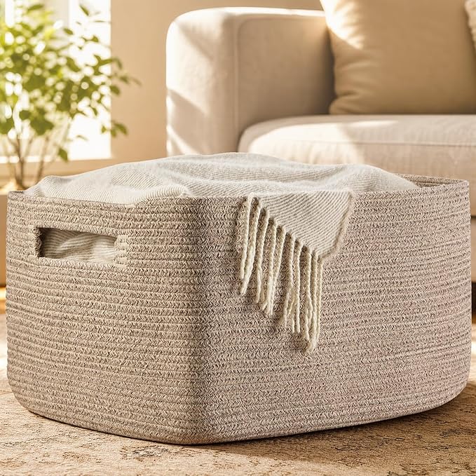 Optish 75L Large Blanket Basket, Woven Rope Storage Basket with Handles for Organizing Clothes and Toys for Bedroom, Bathroom, Nursery, Decorative Storage Bin, 22” x 17” x 11.5”, Brown