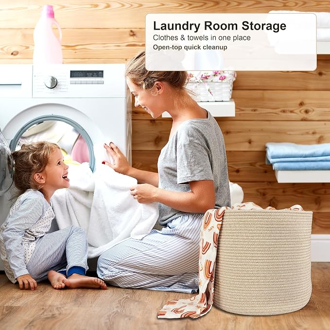 XUANGUO Cotton Rope Woven Basket, 16x14 in Kids Laundry Basket, oatmeal | Round blanket basket and small laundry basket; baby hamper or nursery storage bin for girls, boys, toys, clothes and shoes
