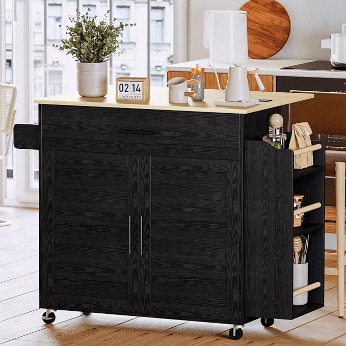 IRONCK Kitchen Island with Storage, Charging Station and Drop Leaf, Black | Wheels, Drawers, Open Shelves, Drawer Storage, Everyday Home Use