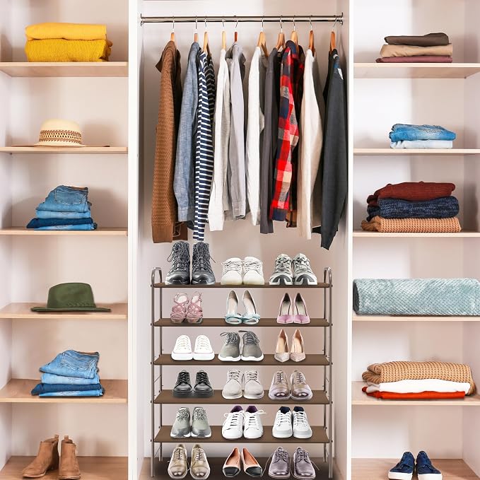 Simple Houseware 5-Tier Shoe Rack Storage Organizer, 15-24 Pairs, Bronze | Space-Saving Shoe Shelf with Sturdy Metal Frame and Non-Woven Fabric Shelves for Entryway, Garage & Corridor